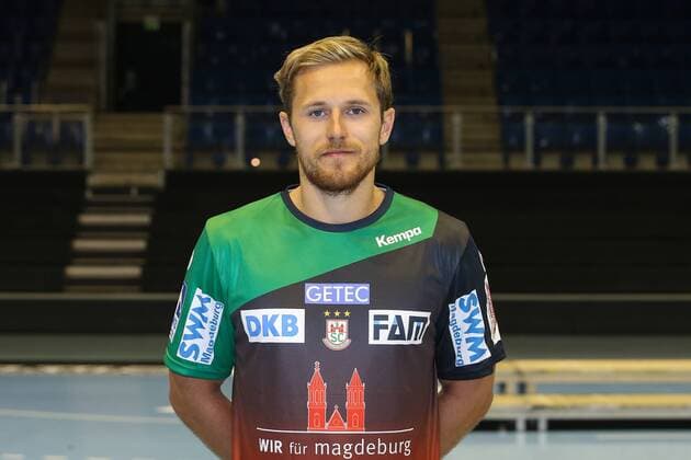 Albin Lagergren SC Magdeburg 1 BL Handball Bundesliga Season 2018 2019 Official photo date Portrait date 2018 2019 SC Magdeburg in the GETEC Arena in Magdeburg Portrait Germany Handball Mann Maenner 11 07 2018