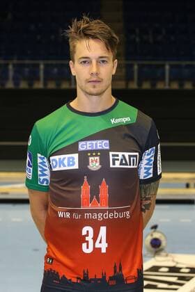 Michael Damgaard SC Magdeburg 1 BL Handball Bundesliga Season 2018 2019 Official Photo Date Portrait Date 2018 2019 SC Magdeburg at the GETEC Arena in Magdeburg Portrait Germany Handball Mann Maenner 11 07 2018
