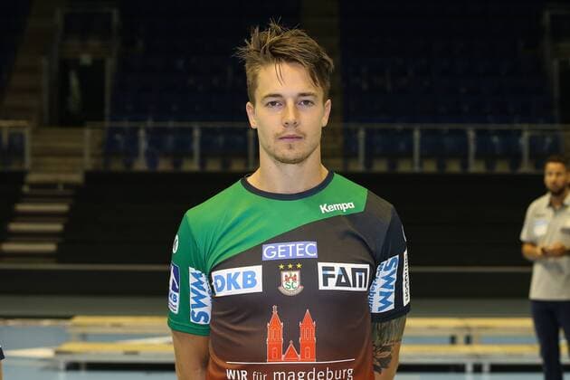 Michael Damgaard SC Magdeburg 1 BL Handball Bundesliga Season 2018 2019 Official Photo Date Portrait Date 2018 2019 SC Magdeburg at the GETEC Arena in Magdeburg Portrait Germany Handball Mann Maenner 11 07 2018