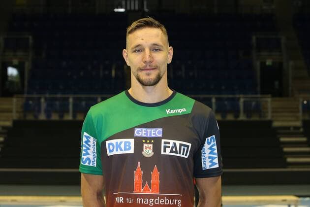 Gleb Kalarash SC Magdeburg 1 BL Handball Bundesliga Season 2018 2019 Official Photo Date Portrait Date 2018 2019 SC Magdeburg in the GETEC Arena in Magdeburg Portrait Germany Handball Mann Maenner 11 07 2018