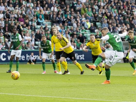 12th July 2018, Easter Road, Edinburgh, Scotland; UEFA Europa League football, first qualifying round, 1st leg, Hibernian versus NSI Runavik; Florian Kamberi of Hibernian opens the scoring from the penalty spot  ActionPlus12047035 AlanxRennie