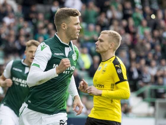 12th July 2018, Easter Road, Edinburgh, Scotland; UEFA Europa League football, first qualifying round, 1st leg, Hibernian versus NSI Runavik; Florian Kamberi of Hibernian celebrate scoring from the penalty spot  ActionPlus12047036 AlanxRennie