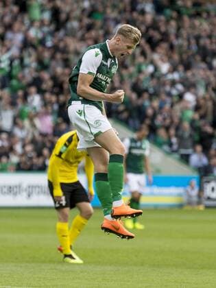 12th July 2018, Easter Road, Edinburgh, Scotland; UEFA Europa League football, first qualifying round, 1st leg, Hibernian versus NSI Runavik; Oli Shaw of Hibernian celebrates after scoring Hibs third goal  ActionPlus12047044 AlanxRennie