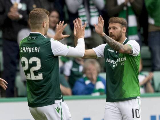 12th July 2018, Easter Road, Edinburgh, Scotland; UEFA Europa League football, first qualifying round, 1st leg, Hibernian versus NSI Runavik; Florian Kamberi of Hibernian celebrate the second goal with Martin Boyle of Hibernian  ActionPlus12047047 AlanxRennie