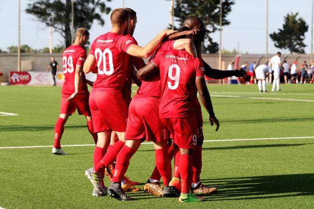 12 07 2018 - Centenary Stadium, Ta Qali, Malta UEFA Europa League 2018 2019 First Qualifying Round, First Leg Balzan FC midfielder Lec‹o (R) celebrates scoring with team mates during the UEFA Europa League, First Qualifying Round, first leg match between Balzan FC of Malta and Kesla FK from Azerbaijan at the Centenary Stadium, Ta Qali, Malta on 12 July, 2018. Balzan FC won the first leg 4-1. Balzan FC v Kesla FK - UEFA Europa League 2018 19 UEL_18_19