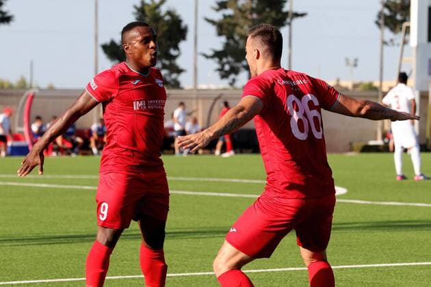 12 07 2018 - Centenary Stadium, Ta Qali, Malta UEFA Europa League 2018 2019 First Qualifying Round, First Leg Balzan FC midfielder Lec‹o (L) celebrates scoring with team mate Bojan Kaljevic (R) during the UEFA Europa League, First Qualifying Round, first leg match between Balzan FC of Malta and Kesla FK from Azerbaijan at the Centenary Stadium, Ta Qali, Malta on 12 July, 2018. Balzan FC won the first leg 4-1. Balzan FC v Kesla FK - UEFA Europa League 2018 19 UEL_18_19