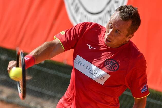 GER 1 Tennis Point Bundesliga Men Cologne THC Stadium Rot Weiss vs Badwerk Gladbacher HTC 13 07 2018 Cologne THC Stadium Rot Weiss GER 1 TP BL Cologne THC Stadium Rot Weiss vs Badwerk Gladbacher HTC picture Kohlschreiber Philipp GER on the backhand nph Mauelshagen nph00321