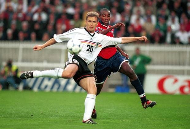Sport Football Soccer World Cup France 98 Paris Parc des Princes 15 06 1998 National Team BR Germany 2 0 Fighting Oliver Bierhoff Eddie Pope shooting volley full body full body