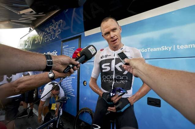 Tour de France 2018. Stage 7 from Fougers to Charteres 231 km July 13, 2018. France Christopher Froome Team Sky by the bus after the race Tour de France 2018. Stage 7 from Fougers to Charteres 231 km July 13, 2018. France France 