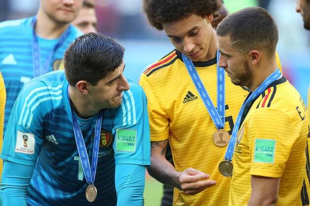 WM 2018, Belgien erringt Platz 3 Belgium v England 2018 FIFA World Cup WM Weltmeisterschaft Fussball 3rd 4th Play Off Thibaut Courtois of Belgium, Axel Witsel of Belgium and Eden Hazard of Belgium at the end of the 2018 FIFA World Cup 3rd 4th Play Off match at St Petersburg Stadium, St Petersburg Content Not Available For UK Newspapers Copyright: xPaulxChestertonx FIL-12021-0117