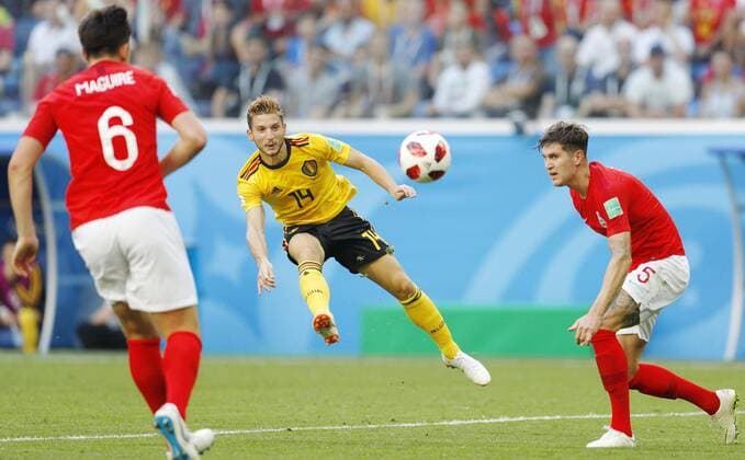 Football: Belgium vs England at World Cup Dries Mertens (C) of Belgium shoots at goal during the second half of a World Cup playoff for third place against England at Saint Petersburg Stadium in St. Petersburg, Russia, on July 14, 2018. Belgium won 2-0. 