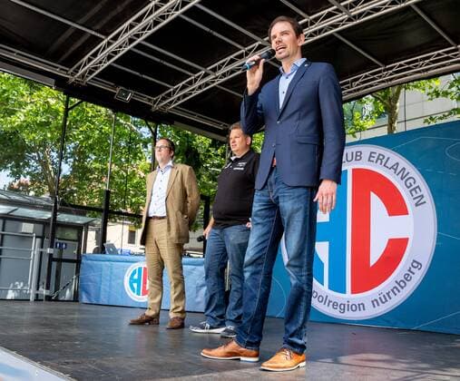 14 07 2018 Handball 1 Bundesliga Season 2018 2019 HC Erlangen HCE Season opening at Schlossplatz ThHa Florian Janik Lord Mayor Erlangen Axel Fischer Hall speaker HC Erlangen HCE Rene Selke Managing Director HC Erlangen HCE