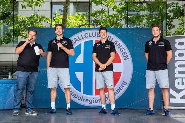 14 07 2018 Handball 1 Bundesliga Season 2018 2019 HC Erlangen HCE Season opening at Schlossplatz ThHa Axel Fischer Hall speaker HC Erlangen HCE Benedikt Kellner HC Erlangen HCE Dominik Mappes 22 HC Erlangen HCE Michael Haass Haass 13 HC Erlangen HCE Axel Fischer Hall speaker HC Erlangen HCE