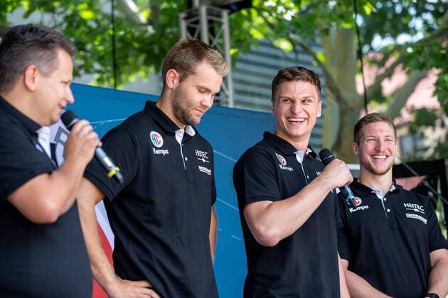 14 07 2018 Handball 1 Bundesliga Season 2018 2019 HC Erlangen HCE Season opening at Schlossplatz ThHa Axel Fischer Hall speaker HC Erlangen HCE Petter Overby 9 HC Erlangen HCE Sergej Gorpishin 15 HC Erlangen Jan Schäffer 25 HC Erlangen HCE