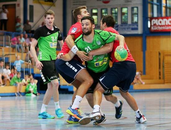 BAU 14 07 2018 Ditzingen Handball SG BBM Bietigheim vs TSF Ditzingen Michael Oehler BBM Marco Dömötör Ditzingen Mitte Dominik Claus BBM