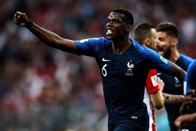 FuÃŸball, WM Finale 2018 in Moskau, Frankreich - Kroatien MOSCOW, RUSSIA - JULY 15, 2018: France s Paul Pogba reacts after scoring in the 2018 FIFA World Cup WM Weltmeisterschaft Fussball Final match between France and Croatia at Luzhniki Stadium. Valery Sharifulin TASS  TS089882