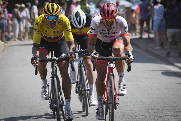 Belgian Greg Van Avermaet of BMC Racing, Belgian Yves Lampaert of Quick-Step Floors and German John Degenkolb of Trek-Segafredo pictured in action during the eighth stage of the 105th edition of the Tour de France cycling race, from Arras Citadelle to Roubaix (156,5 km), in France, Sunday 15 July 2018. This year s Tour de France takes place from July 7th to July 29th. POOLxSTEPHANExMANTEY  x05387072x