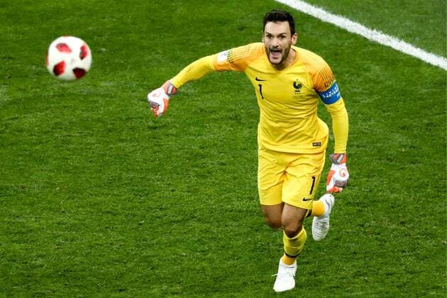 MOSCOW, RUSSIA - JULY 15, 2018: France s goalkeeper Hugo Lloris in the 2018 FIFA World Cup WM Weltmeisterschaft Fussball Final match between France and Croatia at Luzhniki Stadium. Stanislav Krasilnikov TASS  TS08997C