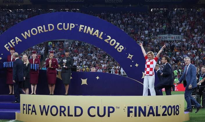 Football World Cup 2018 winners 15.07.2018. Moscow, Russia - Football World Cup 2018 , Finals, Croatia - France.French President Emmanuel Macron and Croatian president Kolinda Grabar-Kitarovic  IgorxKralj PIXSELL