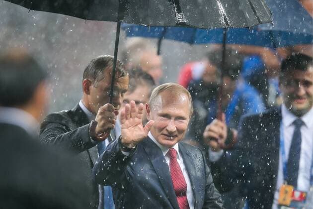 MOSCOW, RUSSIA â€“ JULY 15, 2018: Russia s President Vladimir Putin at a victory ceremony after the 2018 FIFA World Cup WM Weltmeisterschaft Fussball final football match between France and Croatia at Luzhniki Stadium. Team France won the game 4:2 and claimed the World Cup title. Denis Tyrin TASS  TS089AA9
