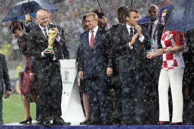 France v Croatia 2018 FIFA World Cup WM Weltmeisterschaft Fussball Final FIFA President Gianni Infantino, Russian President Vladimir Putin, French President Emmanuel Macron and Croatian President Kolinda Grabar-Kitarovi? at the end of the 2018 FIFA World Cup Final match at Luzhniki Stadium, Moscow Content Not Available For UK Newspapers Copyright: xPaulxChestertonx FIL-12022-0052