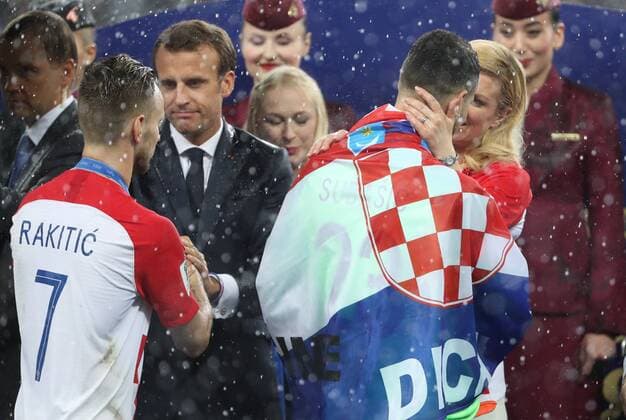 Football World Cup 2018 winners 15.07.2018. Moscow, Russia - Football World Cup 2018 , Finals, Croatia - France. Emmanuel Macron, Ivan Rakitic, Kolinda Grabar-Kitarovic, Danijel Subasic.  IgorxKralj PIXSELL