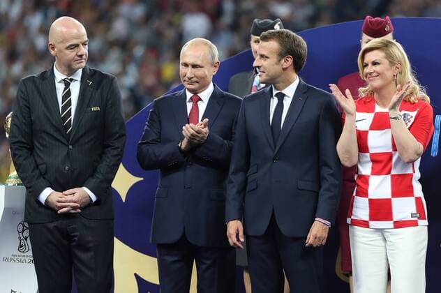 Football World Cup 2018 winners 15.07.2018. Moscow, Russia - Football World Cup 2018 , Finals, Croatia - France.Gianni Infantino, Vladmir Putin, Emmanuel Macron, Kolinda Grabar-Kitarovic, Davor Suker  IgorxKralj PIXSELL