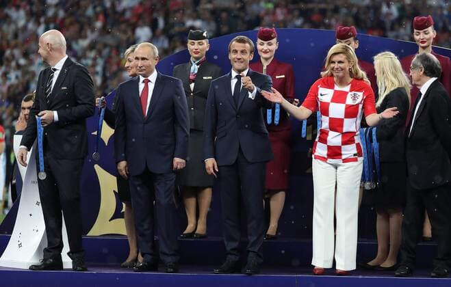 Football World Cup 2018 winners 15.07.2018. Moscow, Russia - Football World Cup 2018 , Finals, Croatia - France. Gianni Infantino, Vladmir Putin, Emmanuel Macron, Kolinda Grabar-Kitarovic, Davor Suker.  IgorxKralj PIXSELL