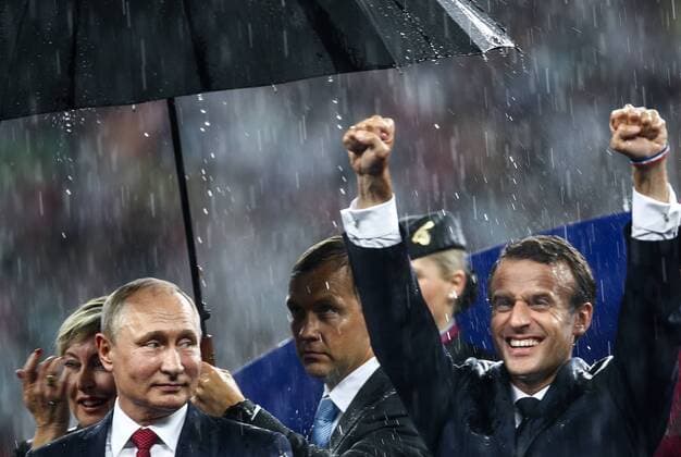 MOSCOW, RUSSIA - JULY 15, 2018: Russia s President Vladimir Putin (L) and France s President Emmanuel Macron during an award ceremony after the 2018 FIFA World Cup WM Weltmeisterschaft Fussball Final match between France and Croatia at Luzhniki Stadium. Valery Sharifulin TASS  TS089B0F