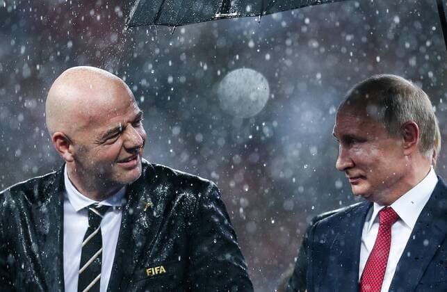 MOSCOW, RUSSIA â€“ JULY 15, 2018: FIFA President Gianni Infantino (L) and Russia s President Vladimir Putin at a victory ceremony after the 2018 FIFA World Cup WM Weltmeisterschaft Fussball final football match between France and Croatia at Luzhniki Stadium. Team France won the game 4:2 and claimed the World Cup title. Mikhail Tereshchenko TASS  TS089B5F
