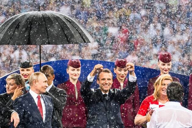 180715 The President of Russia Vladimir Putin President of France Emmanuel Macron and President of Croatia Kolinda Grabar Kitarovic at the medal ceremony after the FIFA World Cup final match between France and Croatia on July 15, 2018 in Moscow Photo Petter Arvidson BILDBYR N Code PA 92087  Copyright: PETTERxARVIDSON BB180715PA425