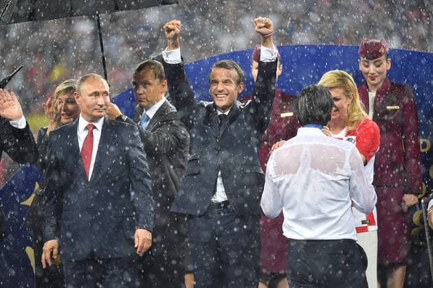 Vladimir PUTIN President Russia Emmanuel MACRON President France Cheers Joy Enthusiasm Kolinda Grabar Kitarovic President of Croatia Zlatko DALIC Coach CRO troestet Victory Ceremony France FRA Croatia CRO 4 2 Final match 64 on 15 07 2018 in Moscow Luzhniki Stadium Football World Cup 2018 in Russia from 14 06 15 07 2018