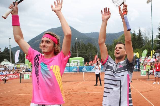 TENNIS - Club Challenge, Thiem vs Tsitsipas WOERSCHACH,AUSTRIA,16.JUL.18 - TENNIS - Adidas Club Challenge, Dominic Thiem vs Stefano Tsitsipas. Image shows Stefanos Tsitsipas (GRE) and Dominic Thiem (AUT). GEPAxpictures xChristianxWalgram