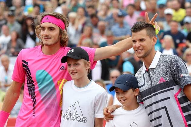 TENNIS - Club Challenge, Thiem vs Tsitsipas WOERSCHACH,AUSTRIA,16.JUL.18 - TENNIS - Adidas Club Challenge, Dominic Thiem vs Stefano Tsitsipas. Image shows Stefanos Tsitsipas (GRE) and Dominic Thiem (AUT) with children. GEPAxpictures xChristianxWalgram