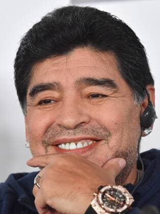BREST, BELARUS â€“ JULY 16, 2018: Retired Argentinian footballer Diego Maradona, appointed FC Dynamo Brest chairman, smiles during a news conference. Viktor Drachev TASS  TS089D5F