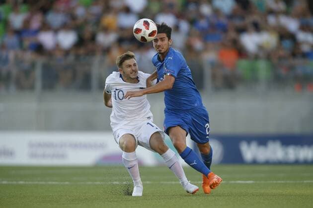 Albion Ademi 10, FIN and Antonio Candela 2, ITA during the UEFA European Under 19 Championship 2018 Finland - Italy at the Hietalahti Stadium 16. July 2018, in Vaasa, Finland.  Copyright: xKallexParkkinenx NP24_00303190