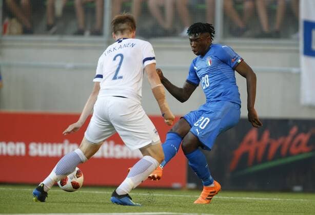 Ville Tikkanen 2, FIN and Moise Kean 20, ITA during the UEFA European Under 19 Championship 2018 Finland - Italy at the Hietalahti Stadium 16. July 2018, in Vaasa, Finland.  Copyright: xKallexParkkinenx NP24_00303201