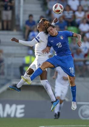 Abukar Mohamed 6, FIN andSandro Tonali 18, ITA during the UEFA European Under 19 Championship 2018 Finland - Italy at the Hietalahti Stadium 16. July 2018, in Vaasa, Finland.  Copyright: xKallexParkkinenx NP24_00303165