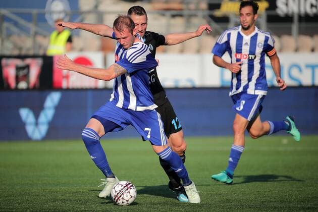 João Klauss de Mello 7, HJK Helsinki, FIN, Adrian Cascaval 12, Víkingur, FRO and Rafael Scapini de Almeida 8, HJK Helsinki, FIN during their UEFA Champions League 1QR match HJK Helsinki - Víkingur in Telia 5G Arena 17. July 2018 in Helsinki, Finland.  Copyright: xMattixMatikainenx NP24_00303382