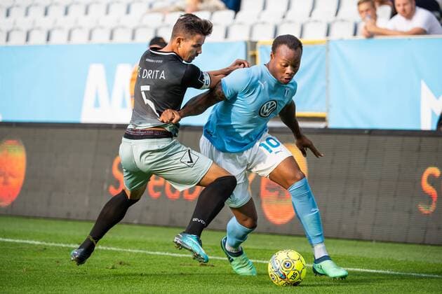 180717 Ardian Limani or Drita competes for the ball with Carlos Strandberg or Malmö FF during the UEFA Champions League qualifying match between Malmö FF and Drita on July 17, 2018 in Malmö Photo Ludvig Thunman BILDBYRAN Code LT 35506  Copyright: LUDVIGxTHUNMAN BB180717LT006