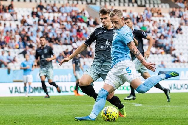 180717 Drilon Musaj of Drita and Sören Rieks of Malmö FF in action during the UEFA Champions League qualifying match between Malmö FF and Drita on July 17, 2018 in Malmö Photo Ludvig Thunman BILDBYRAN code LT 35506  Copyright: LUDVIGxTHUNMAN BB180717LT041