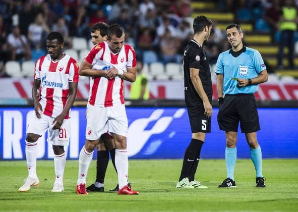 17th July 2018, Rajko Mitic Stadium, Belgrade, Serbia; UEFA Champions League Qualification, first qualifying round, 2nd leg, Red Star Belgrade versus Spartaks Jurmala; Midfielder Aleksejs Visnakovs of Spartak Jurmala is spoken to by the referee after a foul  ActionPlus12048448 NikolaxKrstic