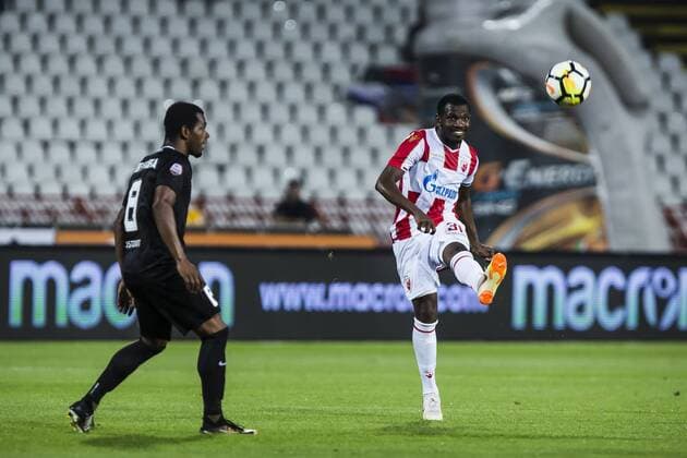 17th July 2018, Rajko Mitic Stadium, Belgrade, Serbia; UEFA Champions League Qualification, first qualifying round, 2nd leg, Red Star Belgrade versus Spartaks Jurmala; Forward El Fardou Ben Nabouhane of Red Star Belgrade crosses the ball into the area  ActionPlus12048456 NikolaxKrstic