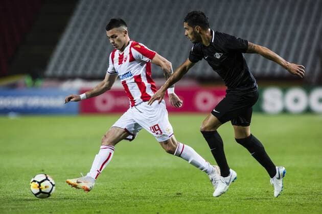 17th July 2018, Rajko Mitic Stadium, Belgrade, Serbia; UEFA Champions League Qualification, first qualifying round, 2nd leg, Red Star Belgrade versus Spartaks Jurmala; Midfielder Nemanja Radonjic of Red Star Belgrade breaks from his marker  ActionPlus12048458 NikolaxKrstic