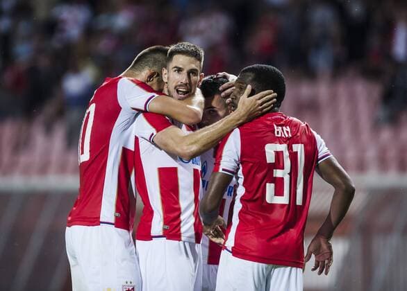 17th July 2018, Rajko Mitic Stadium, Belgrade, Serbia; UEFA Champions League Qualification, first qualifying round, 2nd leg, Red Star Belgrade versus Spartaks Jurmala; Forward El Fardou Ben Nabouhane of Red Star Belgrade celebrates his goal with his team mates  ActionPlus12048465 NikolaxKrstic