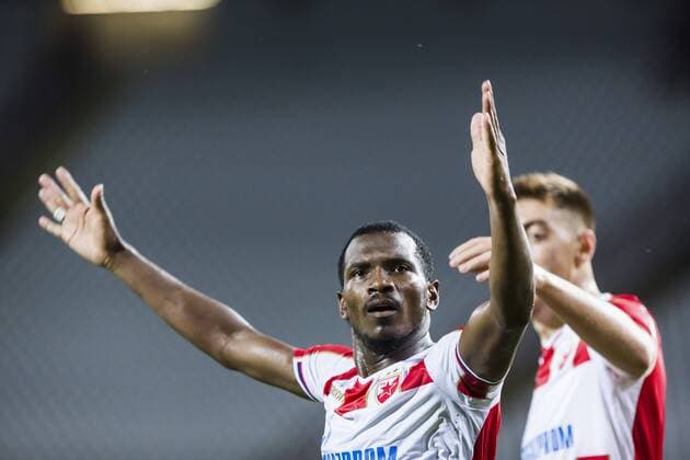 17th July 2018, Rajko Mitic Stadium, Belgrade, Serbia; UEFA Champions League Qualification, first qualifying round, 2nd leg, Red Star Belgrade versus Spartaks Jurmala; Forward El Fardou Ben Nabouhane of Red Star Belgrade celebrates his goal  ActionPlus12048469 NikolaxKrstic