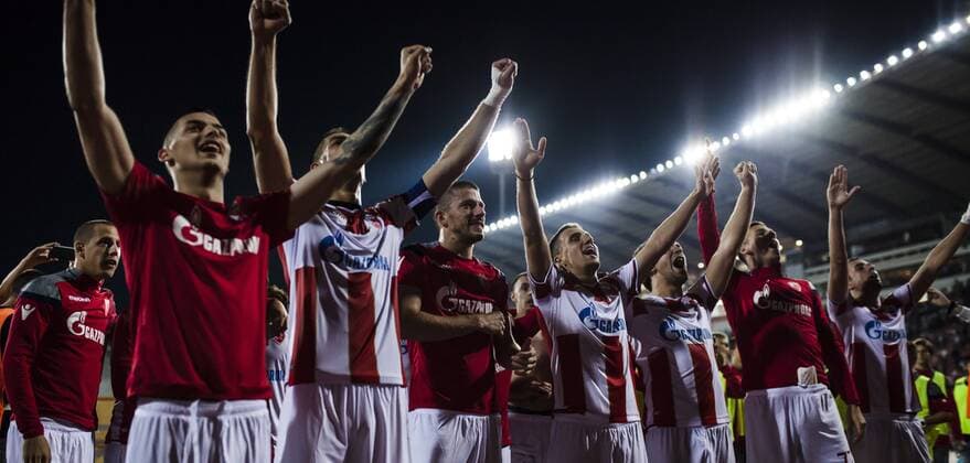 17th July 2018, Rajko Mitic Stadium, Belgrade, Serbia; UEFA Champions League Qualification, first qualifying round, 2nd leg, Red Star Belgrade versus Spartaks Jurmala; The players of Red Star Belgrade celebrate their victory at the end of the match  ActionPlus12048475 NikolaxKrstic