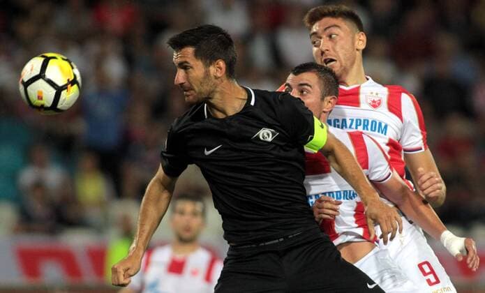 17.07.2018 Belgrade(Serbia) FK Crvena Zvezda(FC Red Star)-FC Spartaks Jurmala first leg qualifiers champions league men s football Aleksandar Kosoric(L) FC Spartaks, Milan Pavkov(r) FK Crvena Zvezda(FC Red Star) : 
