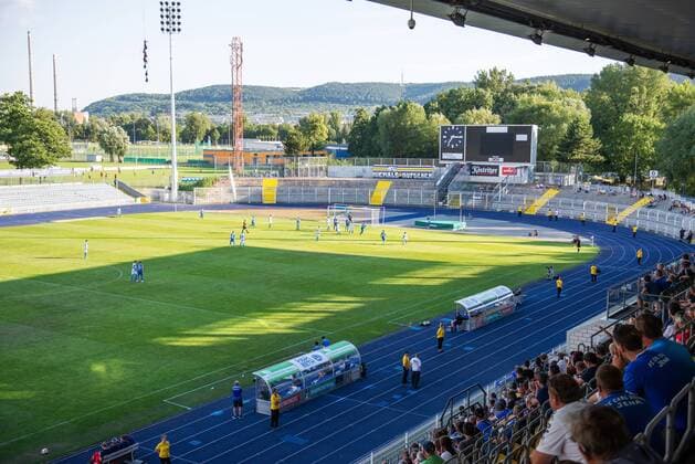 Test match third division FC Carl Zeiss Jena vs regional league Chemnitzer FC CFC on 17 7 18 in the Ernst Abbe sports field Jena View from the grandstand on the field in the direction of Südkurve Ernst Abbe sports field