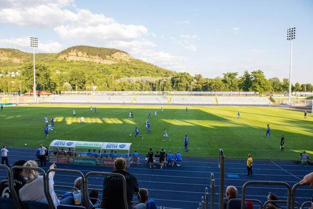 Test match third division FC Carl Zeiss Jena vs regional league Chemnitzer FC CFC on 17 7 18 in the Ernst Abbe sports field Jena View from the grandstand towards the back straight Ernst Abbe sports field